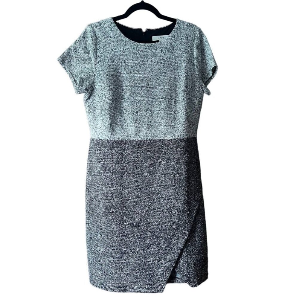 Loft Grey Speckled Tweed Short Sleeve Sheath Dress (Size 14)